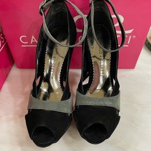 Red bottom gray and black peel toe with ankle strap